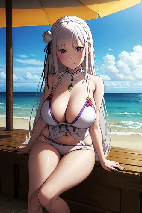 Emilia, white hair, posing, sexy, bright skin, beach, big breasts, thick thighs, hot, swimsuit, wet, curvy