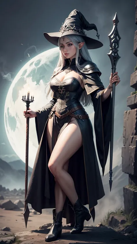 medieval setting, full view of body, 1 female elf mage,beatiful smokey eyes, silver hair, black mage robe with gambeson, wizard hat, leather boots