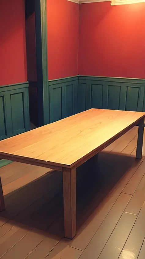 A cartoony table in a dull looking red cartoony room