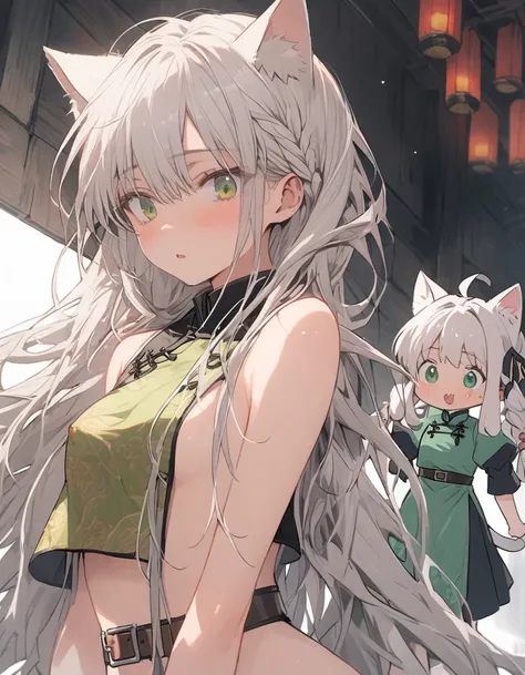 Full nude_nude nipple highlighting white_hair　Droopy eyes　Fleeting　calm　mild　cute_girl cat ears　Cat mouth　green_eye　Moe sleeves　gray_Farbe_chinese_clothes　Belt on torso