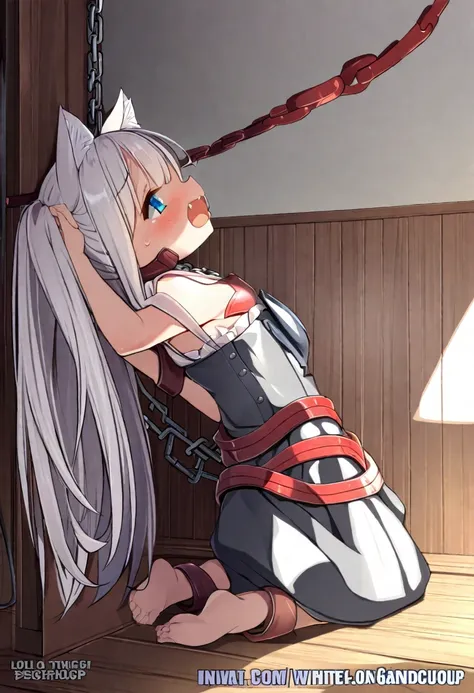 one girl, naive, cat ears, beautiful long hair, restrained, gandcuffed, slave, chain, white hair, loli