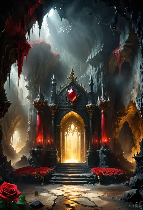 Cave，Underground Kingdom，Gothic style：High，(((throne，gem，gold)))，Red rose，Dust，Majestic