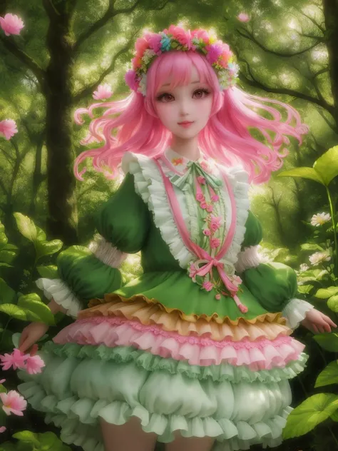 girl in a forest with floating flowers, river, puffy, puffy cheeks, cute,Succubus Flowerdress pinkhair
vibrant colors, colorful art style,  Flowerdress
soft lighting, soft shadows, detailed textures, dynamic lighting,  
nice hands, perfect hands, 
