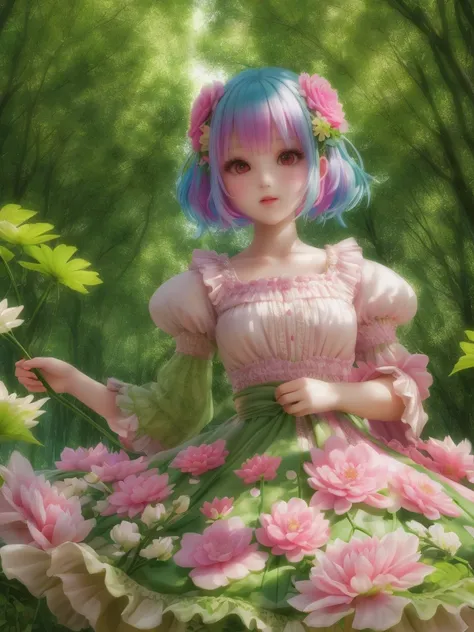 girl in a forest with floating flowers, river, puffy, puffy cheeks, cute,Succubus Flowerdress pinkhair
vibrant colors, colorful art style,  Flowerdress
soft lighting, soft shadows, detailed textures, dynamic lighting,  
nice hands, perfect hands, 
