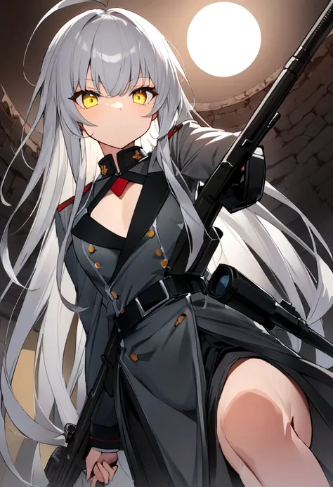 There are a lot of spies behind me.、Serious expression、action、(masterpiece, best quality:1.2),Expressionless、 1girl, 独奏,Black military uniform、Grey long hair、Ahoge、Yellow Eyes、Ready your gun?、sniper rifle、Background of military bases、Fisheye Lens(masterpie...