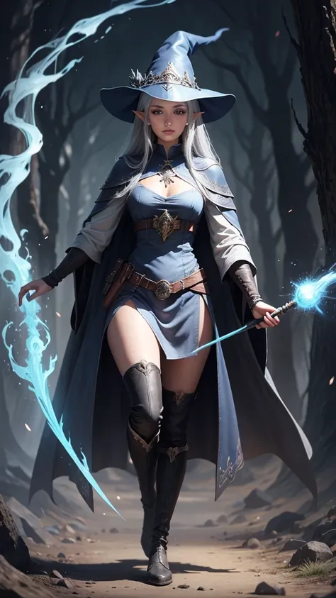 medieval setting, full view of body, 1 female elf mage,beatiful smokey eyes, silver hair, black mage robe with gambeson, wizard hat, leather boots