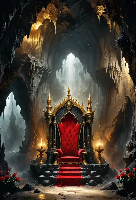 cave，underground kingdom，gothic style：high，(((throne：1.37，gem，gold)))，red rose，dust，majestic