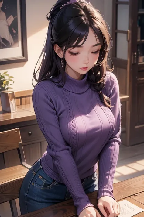 Tabletop, Highest quality, figure, Super detailed, In detail, High resolution, 8k wallpaper, Perfect dynamic composition, Beautiful attention to detail, Natural Lip, Purple knit、Casual clothing , Beautiful breasts,Asian Woman,Age: Around 20 years old,Hairs...