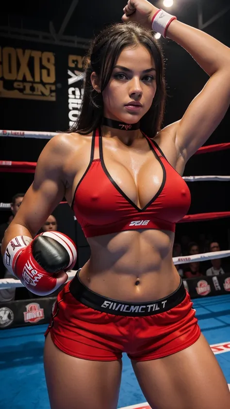 18 years old sporty woman, red shorts, micro sports bra, fighting pose, sexy busty muscular body, slim waist, extremely large breasts, thick bust, thick thighs, full body, bob length hair, sweating, in boxing ring, black boots, choker necklace, nsfw, boxin...