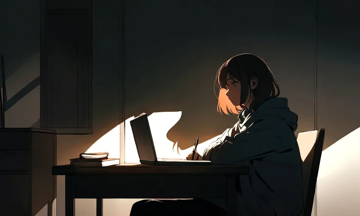 The protagonist sits in a cozy, minimalistic room with natural light streaming through the window. A desk holds a closed laptop, a journal, and a pen. The protagonist looks contemplative, gazing out the window.