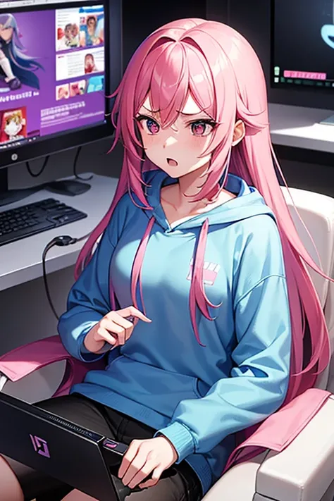 A teenage girl with a long pink hair and blue Hoodie sit at gaming chair, but she blushe angry after Lost at the video games she was playing on her computer