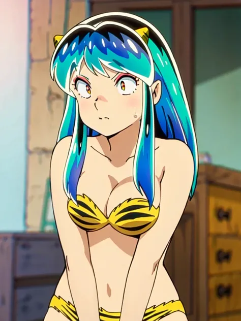 lum,bikini,  no underwear, vagina, A bashful expression on his face, confused expression,
