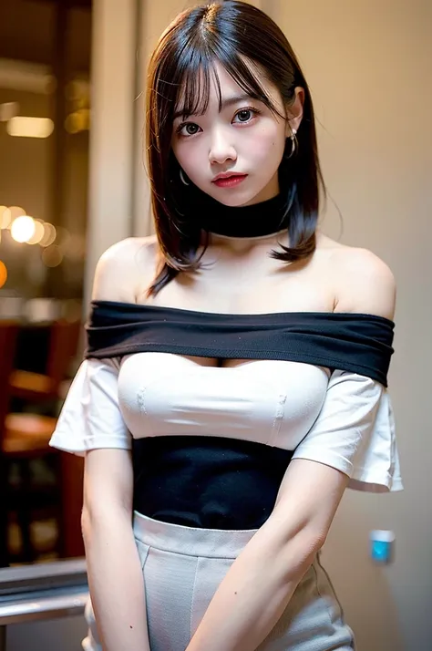 best qualityer, ultra high resolution, (photorrealistic:1.4), 1 girl, off-shoulder white shirt, black tight skirt, black choker, (faded gray hair:1), (Breasts huge:1.2), gazing at viewer, close up ,