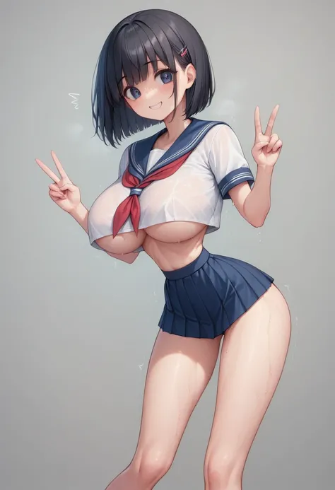 (masterpiece, best quality:1.2), front shot, 1girl, kawaii, (super big breasts, micro waist, very long legs:1.4), Black hair, short bob hair, short height, scrawny and thin body, Light Skin, cute big eyes, cute beautiful thin face, cute Wistful smile, sera...