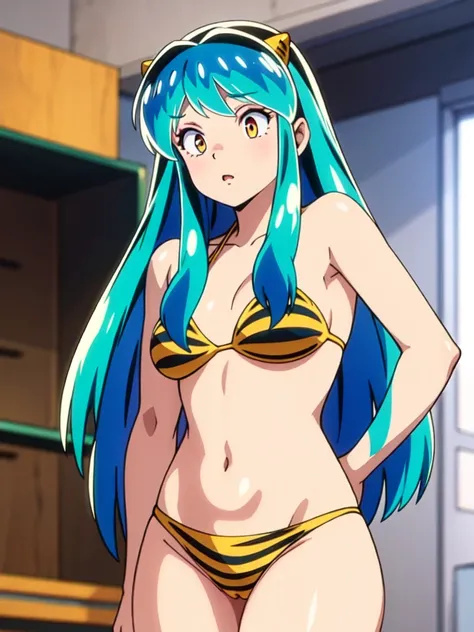 lum,bikini, no underwear, vagina, confused expression,