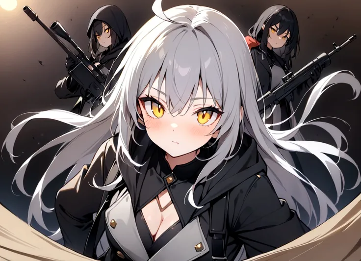 灰色のCat ear、グレーのCat ear、Gun on shoulder、(masterpiece, best quality:1.2), 1girl, 独奏,Black military uniform、Looking through the scope、Point your gun at us、Grey long hair、Ahoge、Yellow Eyes、Ready your gun?、sniper rifle、Background of military bases、Fisheye Lens、...