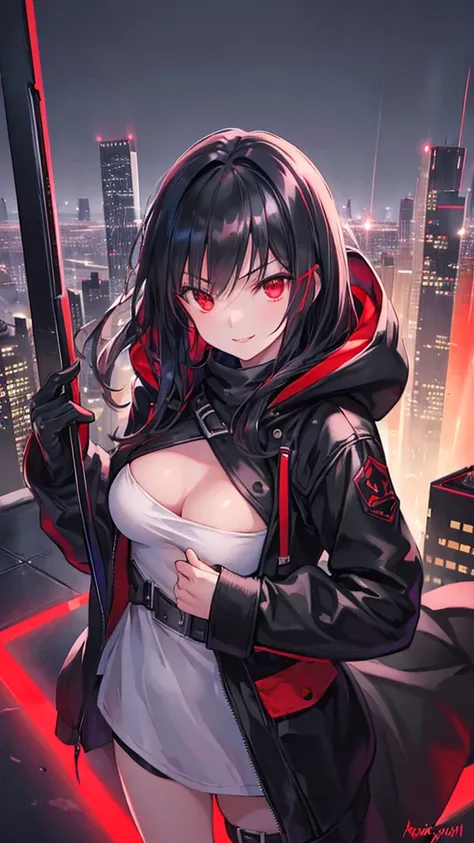 最high resolution,high resolution,Legendary Assassin, Beautiful Teenage Woman,Small breasts,black hooded coat , Fearless smile, Red lips, Black Hair, Red eyes, realism, Night city view from the top of a skyscraper,Neon Town,Digital Painting, Concept Art, Sm...