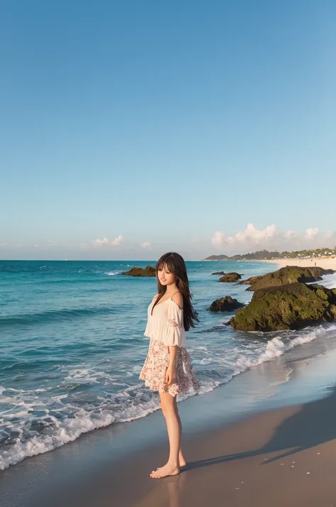 A girl standing on a wide beach　