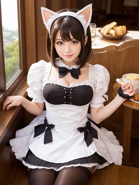 woman,Bob Hair,Large Breasts,Maid clothes,I can see the valley.Cat ears headband,Wear tights,Dark brown hair,Large Breasts,maid Cafe