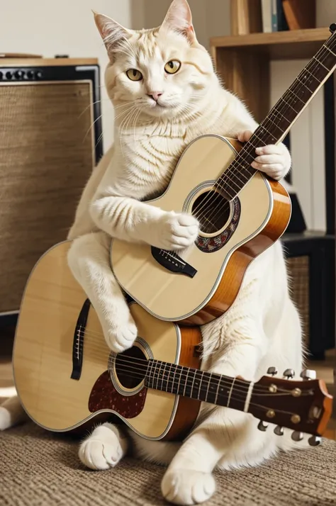 a cream colored cat sitting and playing a guitar