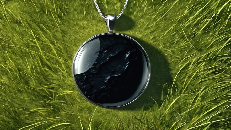 In the midst of a vast, windswept grass field lies a solitary black stone pendant. Its surface, round, smooth and polished, reflects the shifting hues a deep midnight black