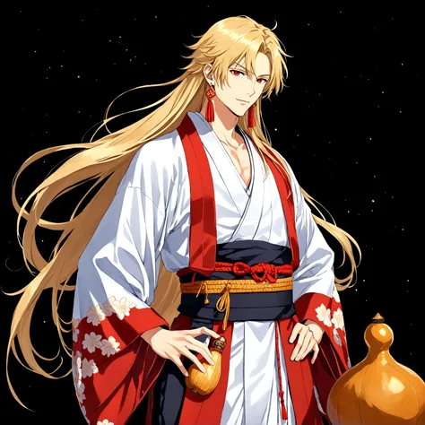 solo, long hair, looking at viewer, blonde hair, simple background, red eyes, long sleeves, 1boy, jewelry, very long hair, male focus, sidelocks, earrings, japanese clothes, wide sleeves, hand on hip, sash, pectorals, black background, tassel, gourd