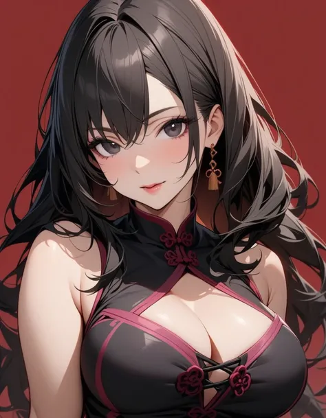 Mature big sister，Black long hair，Black chest binding，Chinese style，Beautiful black eyes，Extremely detailed，high resolution，Simple background