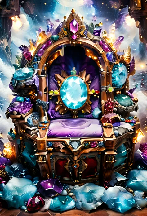 a picture of a massive epic throne, it has purple silk cushions, rubies, topaz, aquamarine gemstones artwork, the throne is epic in its majestic, power, and royalty, symmetric with many wood decorations and gem artwork, behind the throne there are stars an...