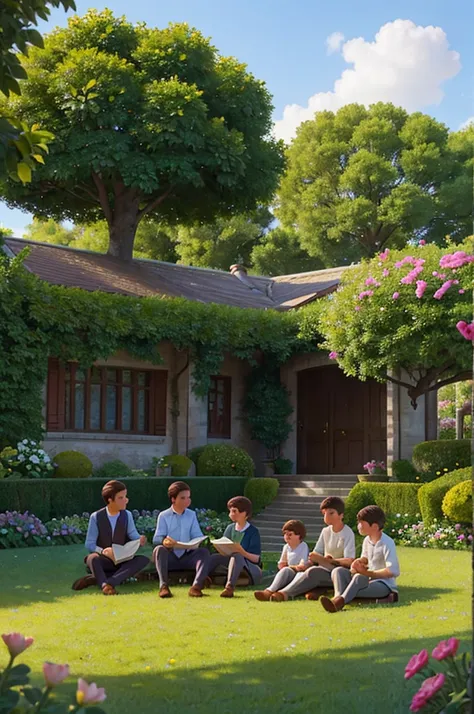 The setting is a beautiful garden with trees, flowers and a bench. Uncle Roberto is sitting on the bench with a book in his hand. The four students, Thomas, his, Sara and Leo, are sitting on the grass around him.