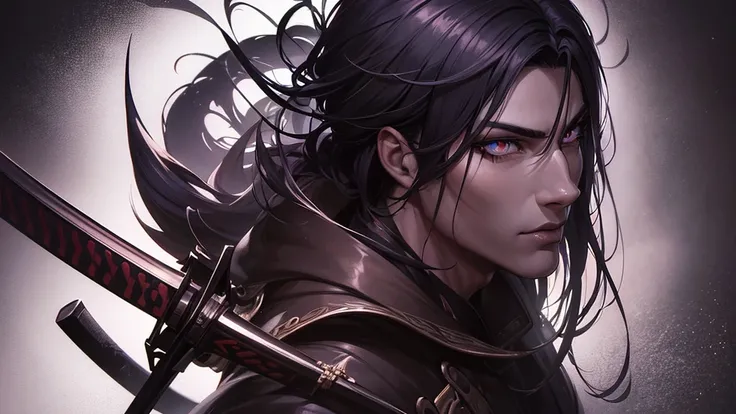 a highly detailed anime-style portrait of a fierce shadow warrior, beautiful detailed eyes, beautiful detailed lips, extremely detailed face and expression, long eyelashes, muscular male body, dynamic pose holding a katana sword, dark shadowy background, m...