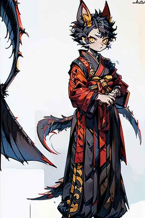 female, devil, hakama, black hair, yellow eyes, wing