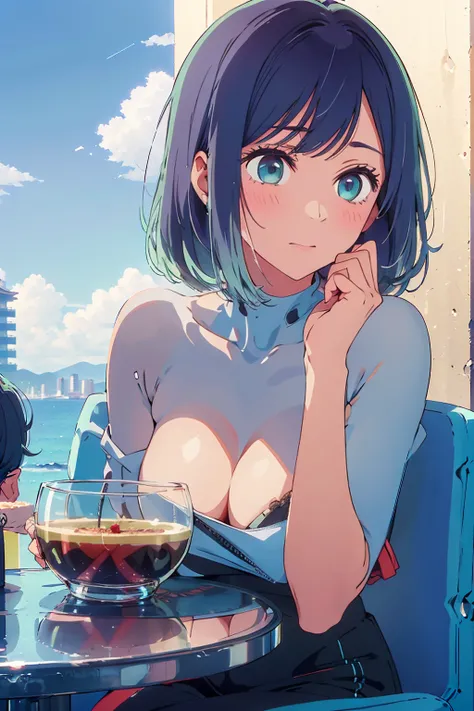 (Highest quality:1.4、8K:1.4、detailed)、F cup bust、Big Breasts、Slim body、Very white beautiful skin、((((1 person、Surprised expression、sit、Chair、In the background are the urban buildings of Tokyo、looking at the camera、Outdoor café terrace、Navy hair color、juice...