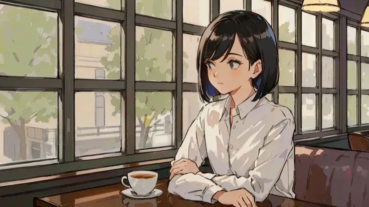 a 32-year-old androgynous adult with a bob cut sitting at a cafe table、beautiful black hair、looking down at the tree-lined stree...