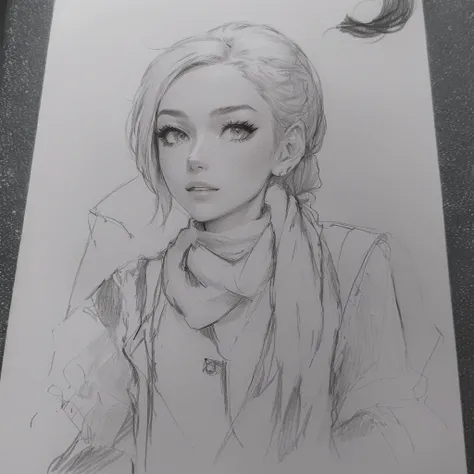 Drawing of a woman with a ponytail and a scarf, Female protagonist 👀 :8, I&#39;ll make fan art too., anime figure, outline!!, Very detailed fan art, Rena supports style 3/4, anime drawing, Anime style pictures, The painting fades away., anime shading), unk...