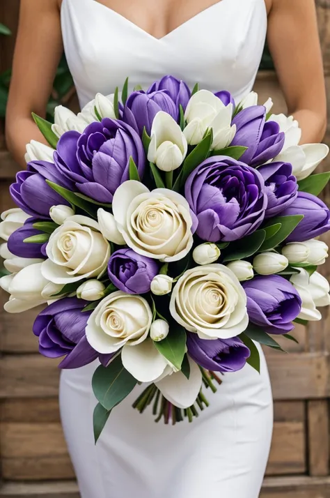 Bouquet of white and purple magnolias, white and purple tulips and white and purple equatorial roses