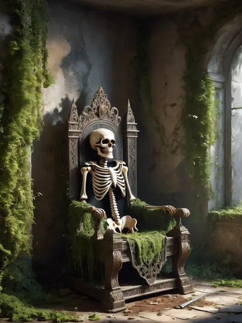 (best quality, 8k, highres, masterpiece:1.2), ultra-detailed, (realistic, photo-realistic:1.37), a decrepit skeleton sitting on ...