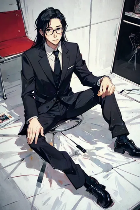 A male lawyer in a suit, with black-framed glasses and slightly long black hair, in the style of Japanese manga artist Fumi Shibamon, with single-line drawings.He is sitting at a very confusing office.