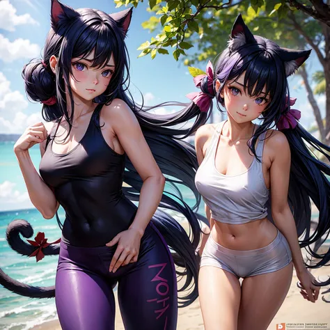 Realistic poster portrait of Masnya, (Purple skin color:1.1), Cat ear, alone, Jeremy Lipking, William Bouguereau, (Alphonse Mucha:0.5), By d-art , SFW Dark blue hair girl, Cat ears and tail, Wearing a tank top and racing pants.　Loli body type　　Twin tails　F...