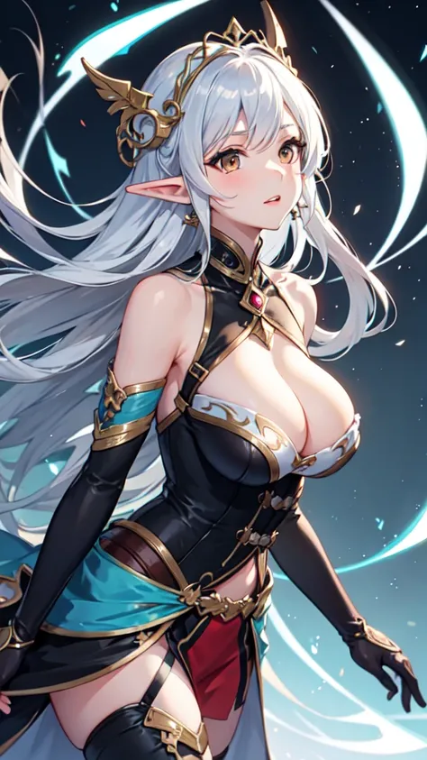 cute, lovely, beautiful, dynamic angle, 1 elf girl, solo, 1woman, big breasts, long hair, silver hair, brown eyes,