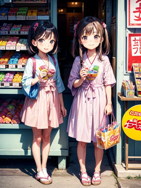 Highest quality,Highest Resolution,Children buying sweets at a Japanese candy store during summer vacation,