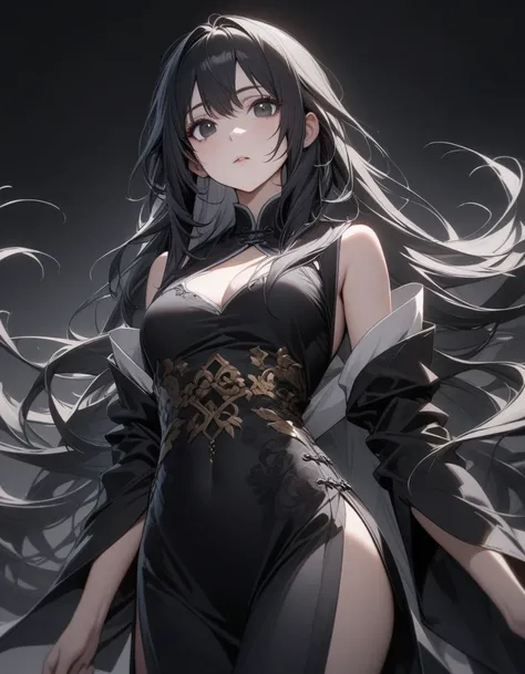 Intellectual elder sister，Black long hair，Black chest binding，Chinese style，Beautiful black eyes，Extremely detailed，high resolution，Simple background