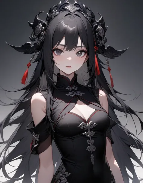 Intellectual elder sister，Black long hair，Black chest binding，Chinese style，Beautiful black eyes，Extremely detailed，high resolution，Simple background