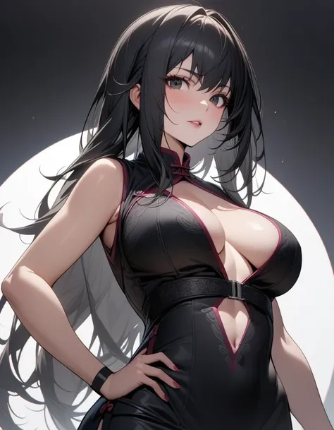 Mature big sister，Black long hair，Black chest binding，Chinese style，Beautiful black eyes，Extremely detailed，high resolution，Simple background