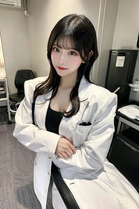 Browsing Caution、Big Tits 、((Health Room))、full body,White、valley、doctor’s coat、sit in office chair、whole body、double eyelid、Highest quality, Very detailed, Fine details, High resolution, 8K, Perfect dynamic composition, Beautiful details, Beautiful 20 yea...