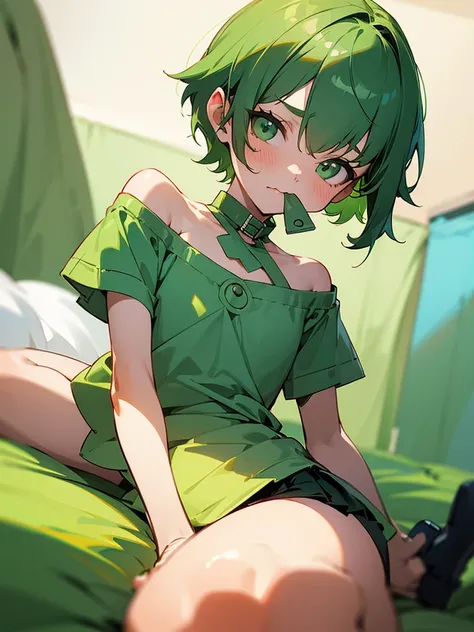 kid, , baby, short green hair, green eyes, cute, open short top, big chest, green mini skirt, shy face, bed, green pacifier