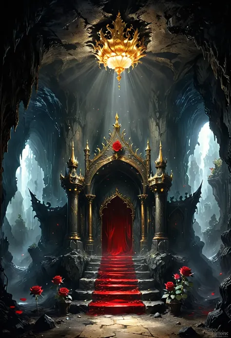 Cave，Underground Kingdom，Gothic style：High，(((throne：1.37，gem，gold)))，Red rose，Dust，Majestic