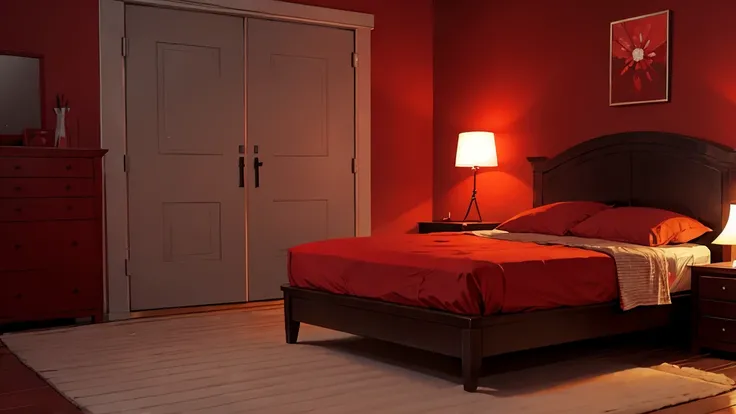 Cartoony red gloomy bedroom with dim lighting