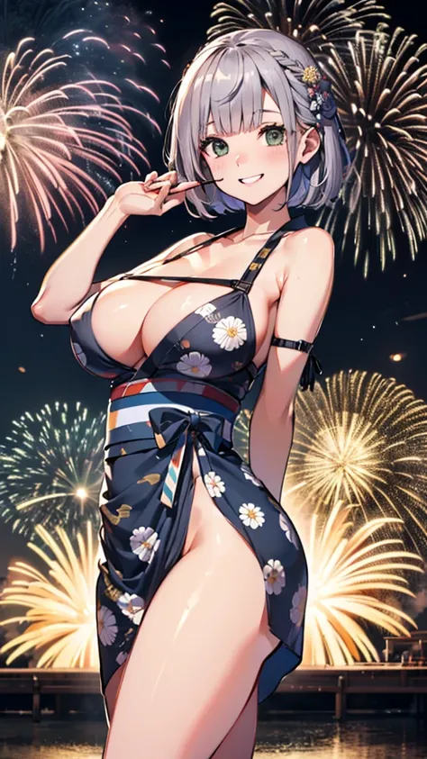 (Highest quality、masterpiece、Super detailed,8K),(Silver braided short bob),(yukata、Soft curves、Large Breasts、A fascinating body)、Summer festivities,stall,Detailed Background、night、night景、(Colorful lights),(Eat chocolate banana),(happy Smile)、firework