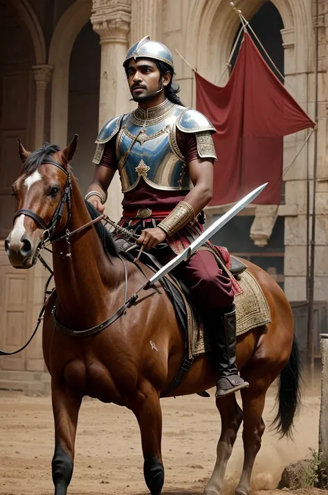 A young indian man (king), riding on horse , having two swords , with blood in war