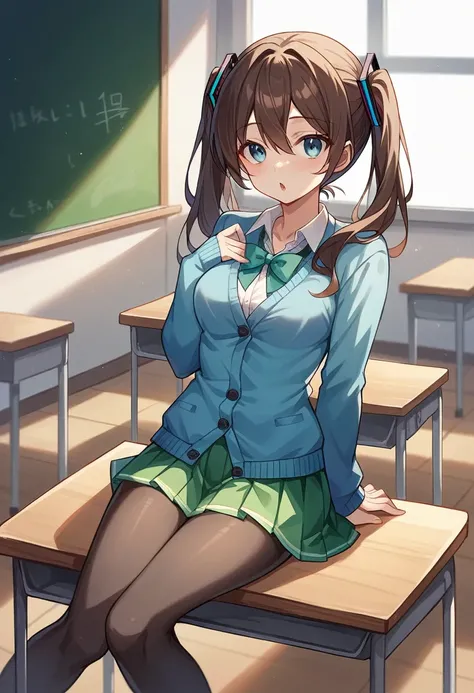 Tabletop, Highest quality, (Highly Detailed CG Unity 8K Wallpaper) (Highest quality), (Best illustrations), (Best Shadow), miku nakano, Brown Hair, blue eyes, classroom, Beautiful attention to detail, View your viewers,((Blue cardigan)),((Very short green ...